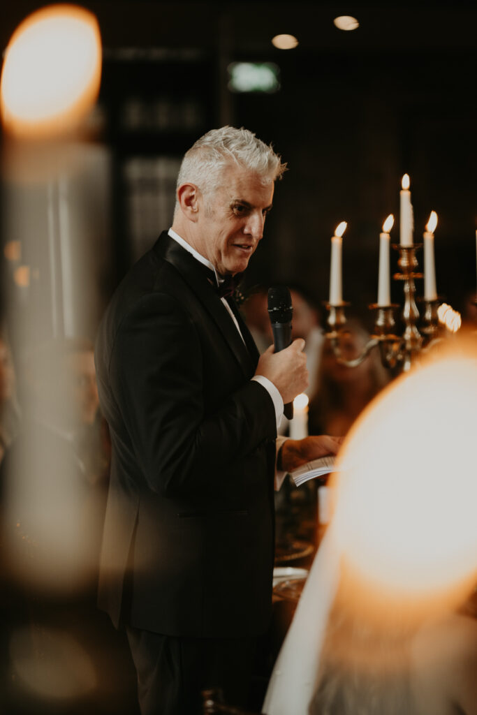 Father of the bride delivers his speech at a wedding at The Mount Without in Bristol.
