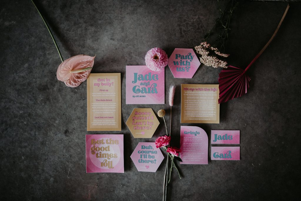 Pink and yellow 60's inspired wedding stationery.