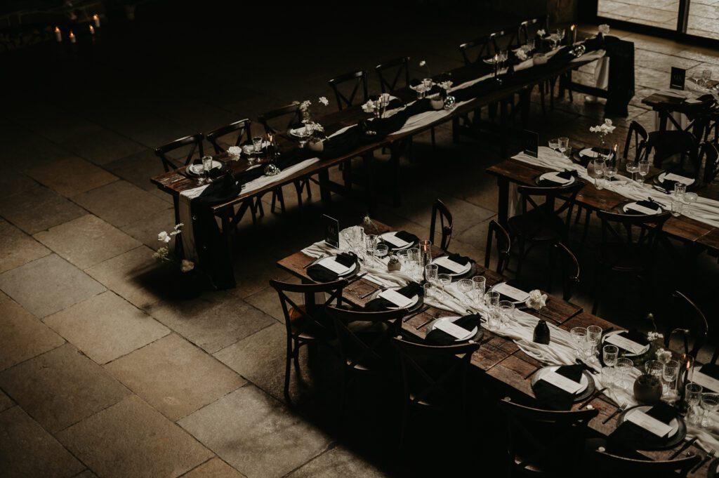 A wide shot of the wedding breakfast table set up at The Willow Marsh Farm.