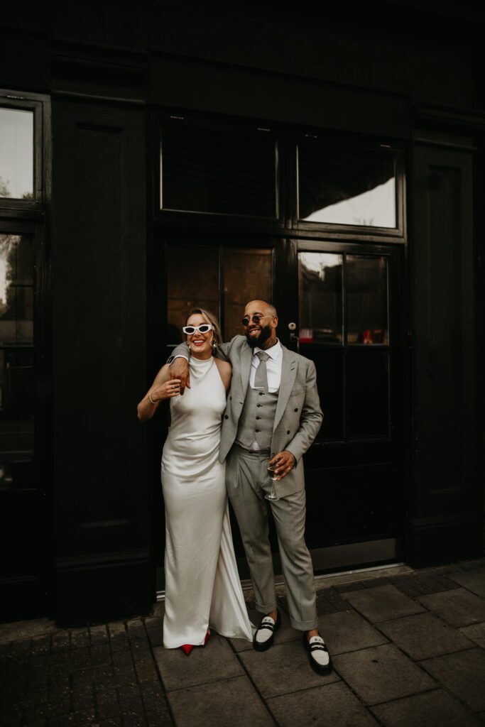 A Bride and Groom outside 100 Barrington on their wedding day.