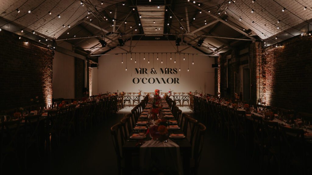 Wedding breakfast set up at Shoreditch Studios.