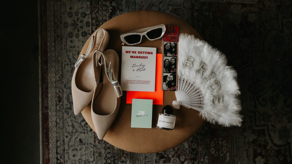 Bridal accessories in a flat lay.