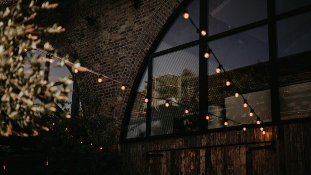 Festoon lights at an evening reception at 100 Barrington.