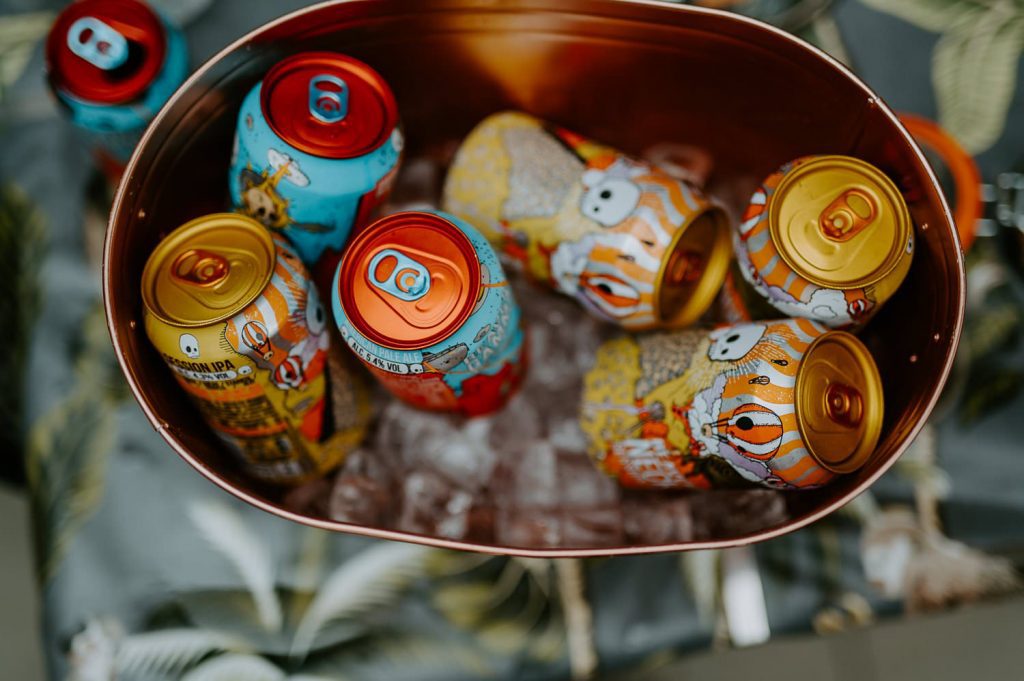 A top down shot of Beaver Town beers in an ice bucket.