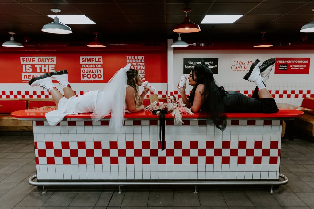 two brides lay on the counter at FIVE GUYS