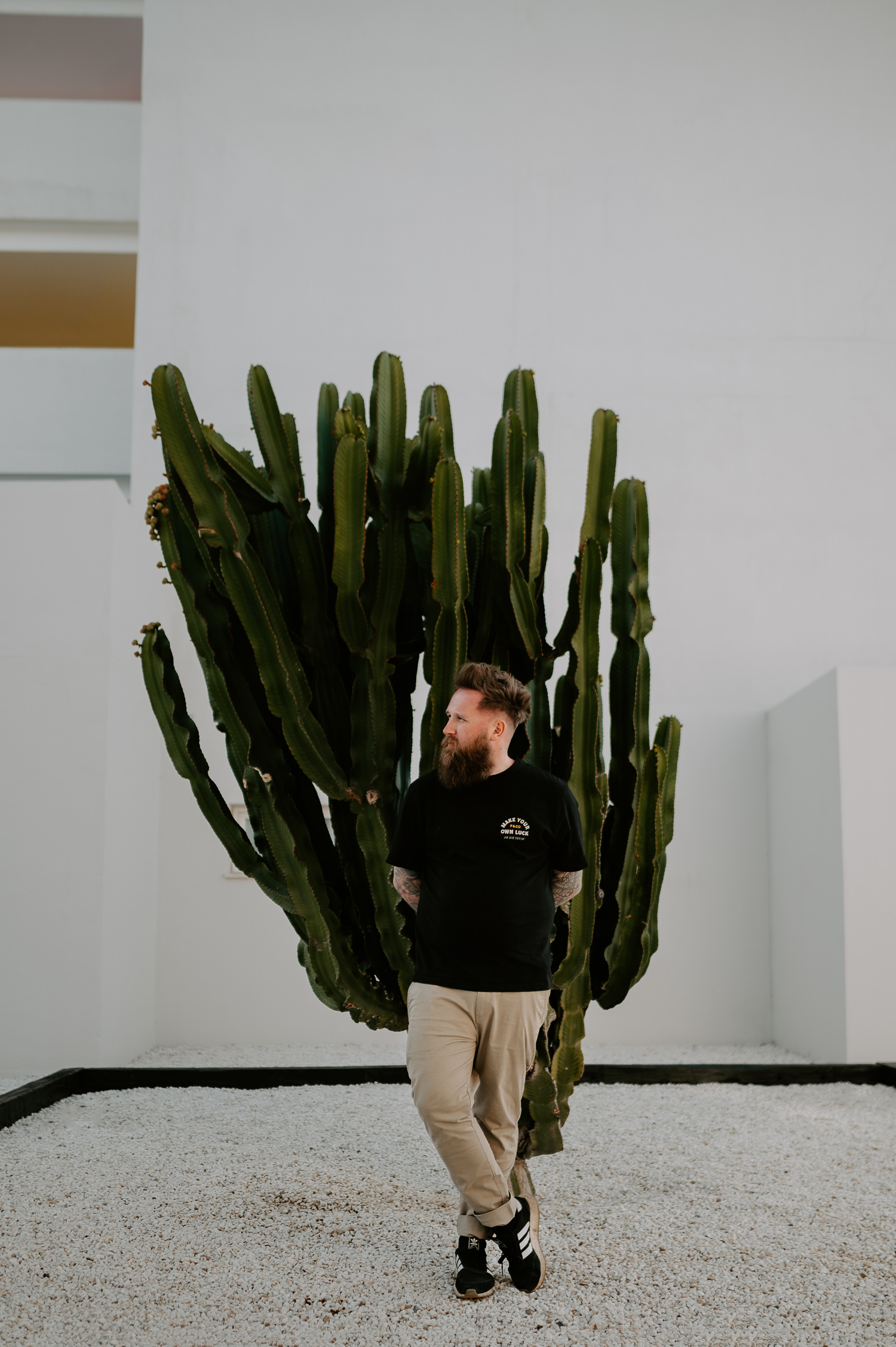 An untraditional wedding photographer standing beside a cactus in Joshua Tree. Covering weddings in Los Angles, Nevada and anywhere with a cool boho wedding vibe.