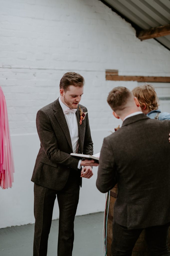 A celebrant leading a wedding at White Syke Fields in York.