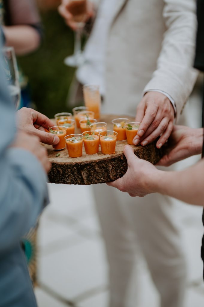 Gaspacho is handed out in small cups and a wedding venue in York.