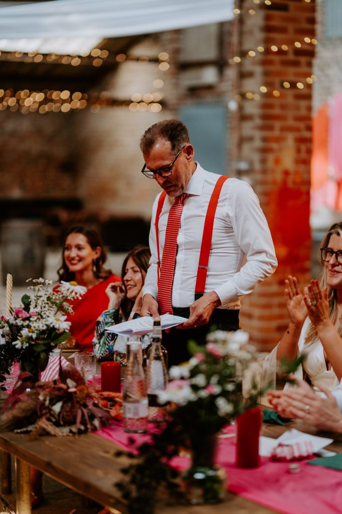 A dad deliverers a speech at his daughters wedding at White Syke Fields.