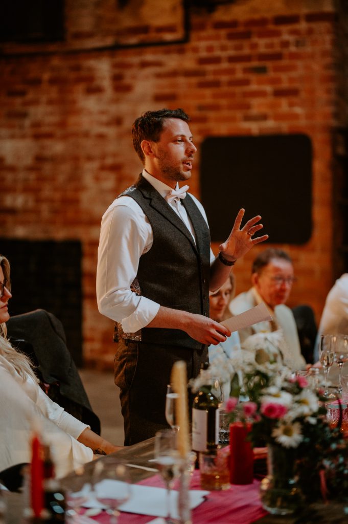 A groom gives his speech during his wedding a White Syke Fields.