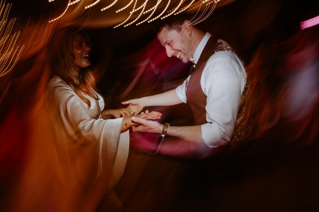 A bride and groom dance on the dance floor at White Syke Fields.