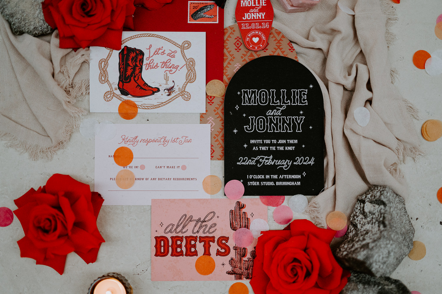 Custom Wedding Stationery in the theme of Las Vegas Desert Wedding.