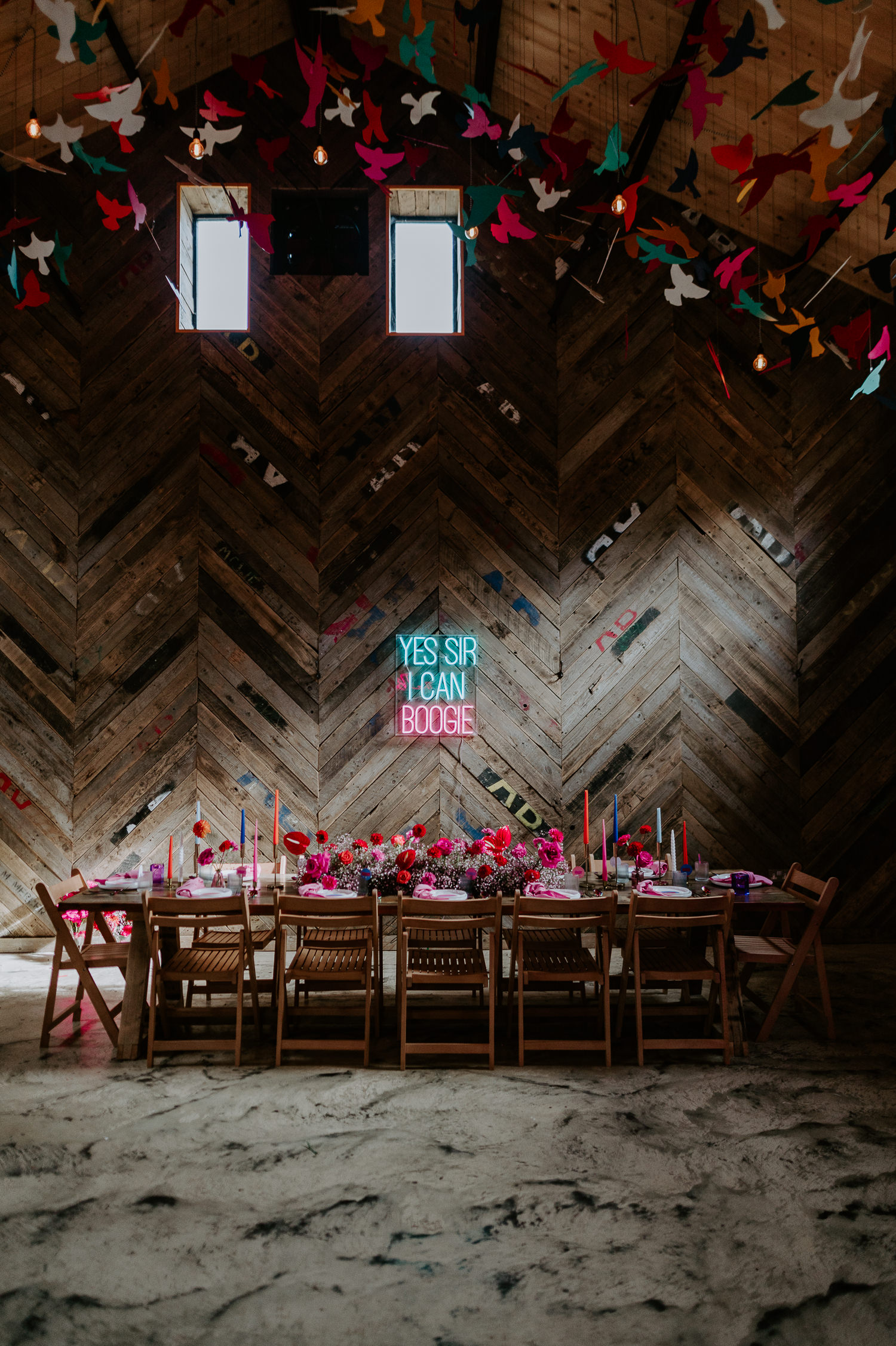Wedding table set up for an intimate wedding breakfast at The Canary Shed, an alternative wedding venue in the UK.