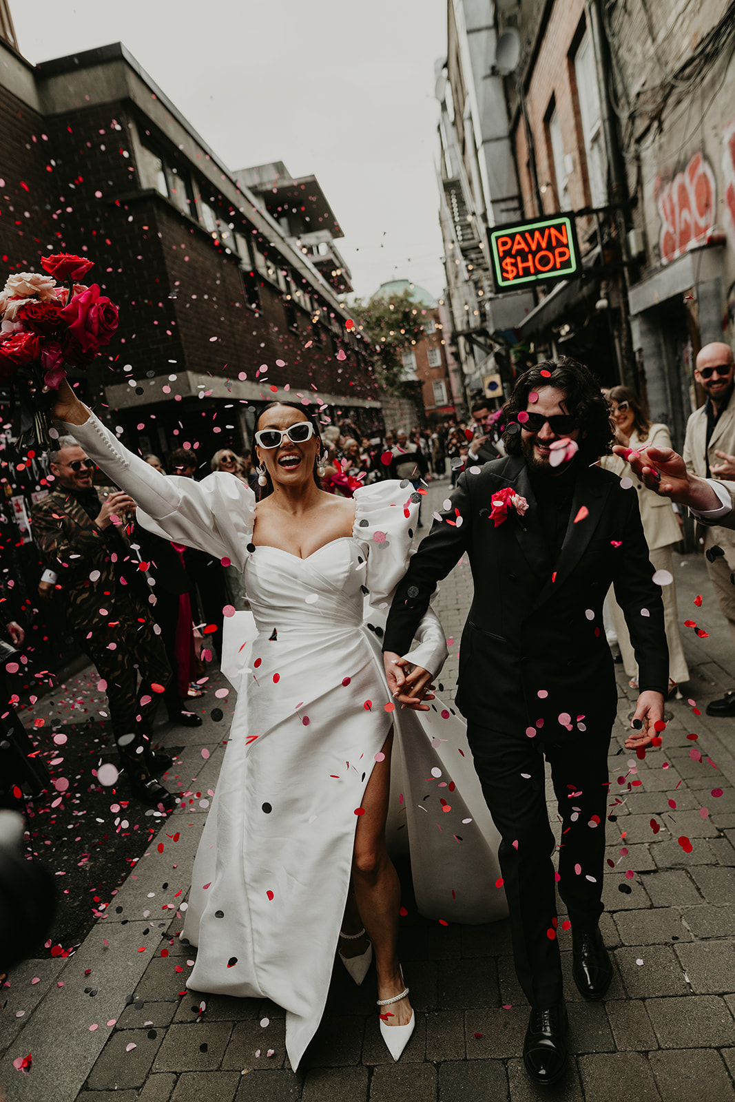 Confetti tunnel after a wedding at City Hall in Dublin.